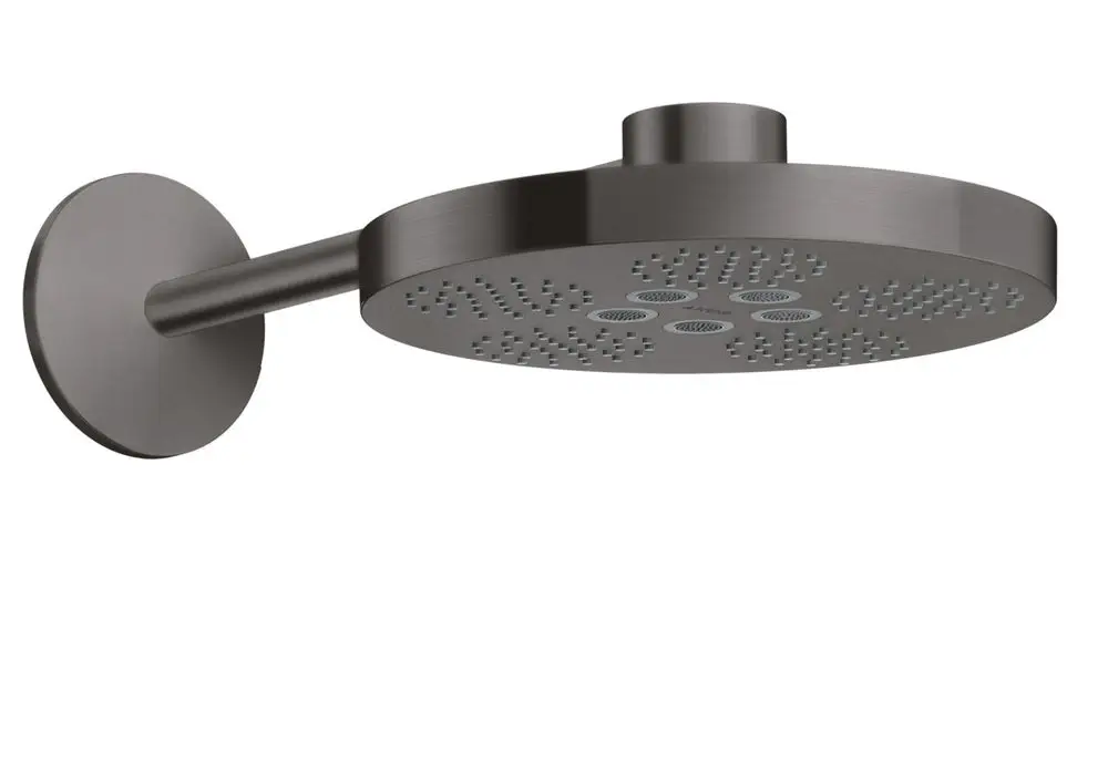 Kopfbrause in Brushed Black Chrome mit runder Form und speziellem Brausearm, montiert an einer Wand, von der Marke AXOR.